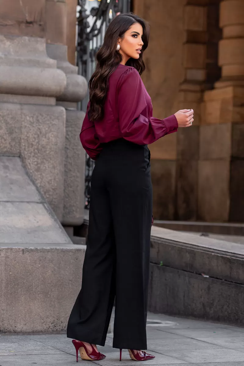 Miss Misses - Alicia Crew Neck Long Sleeve Wine Shirt - 54558006