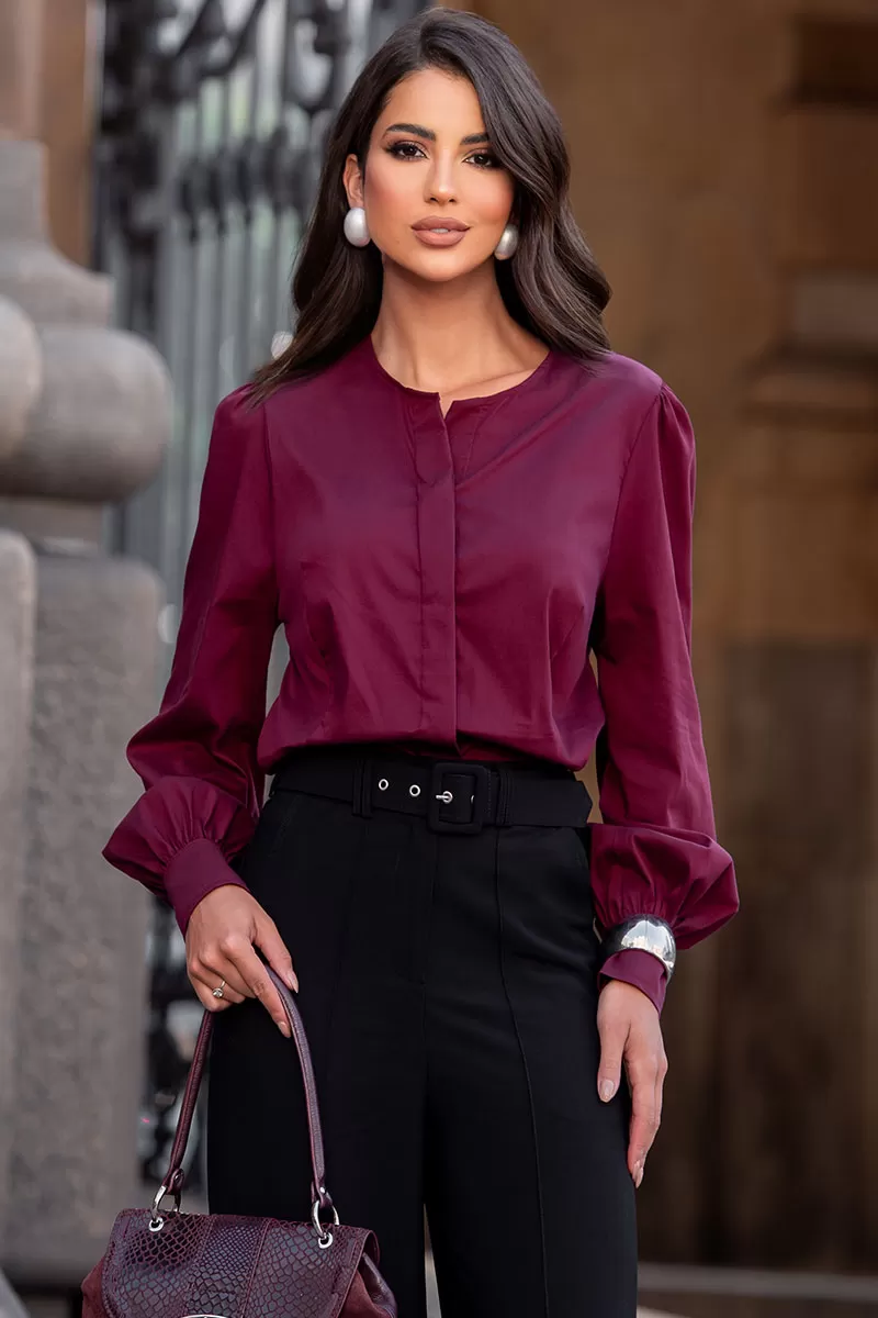 Miss Misses - Alicia Crew Neck Long Sleeve Wine Shirt - 54558006