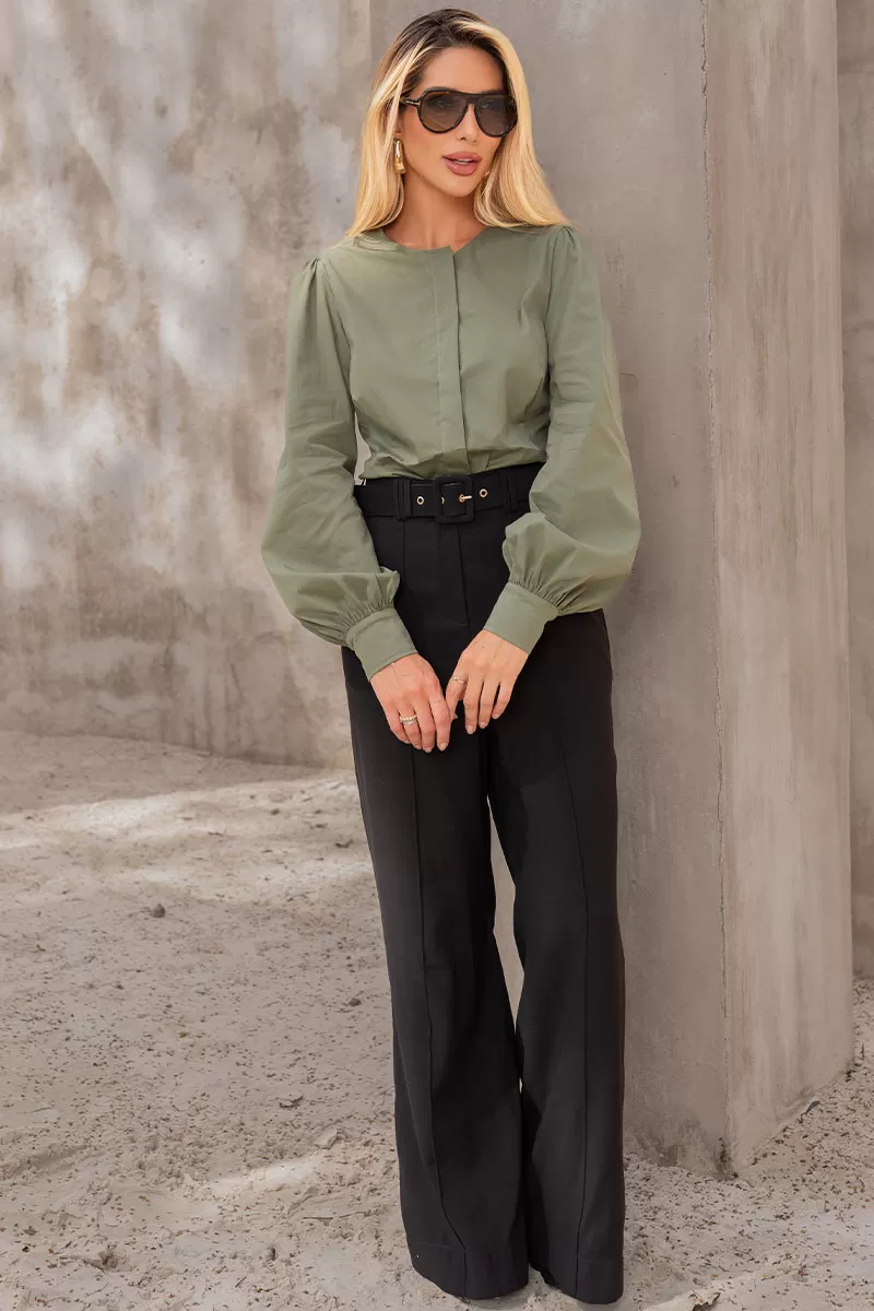 Miss Misses - Alicia Crew Neck Long Sleeve Green Shirt - 54558023