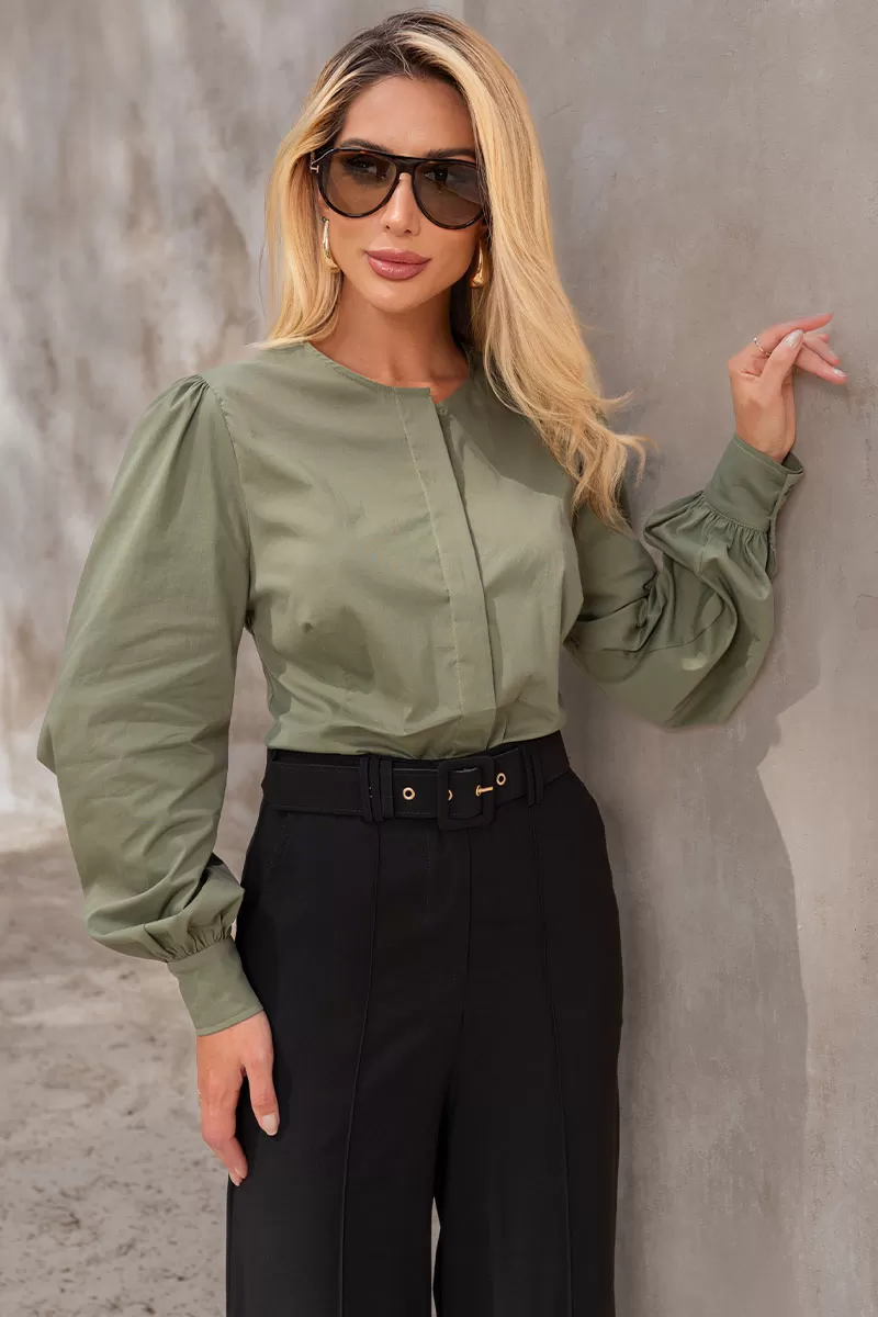 Miss Misses - Alicia Crew Neck Long Sleeve Green Shirt - 54558023