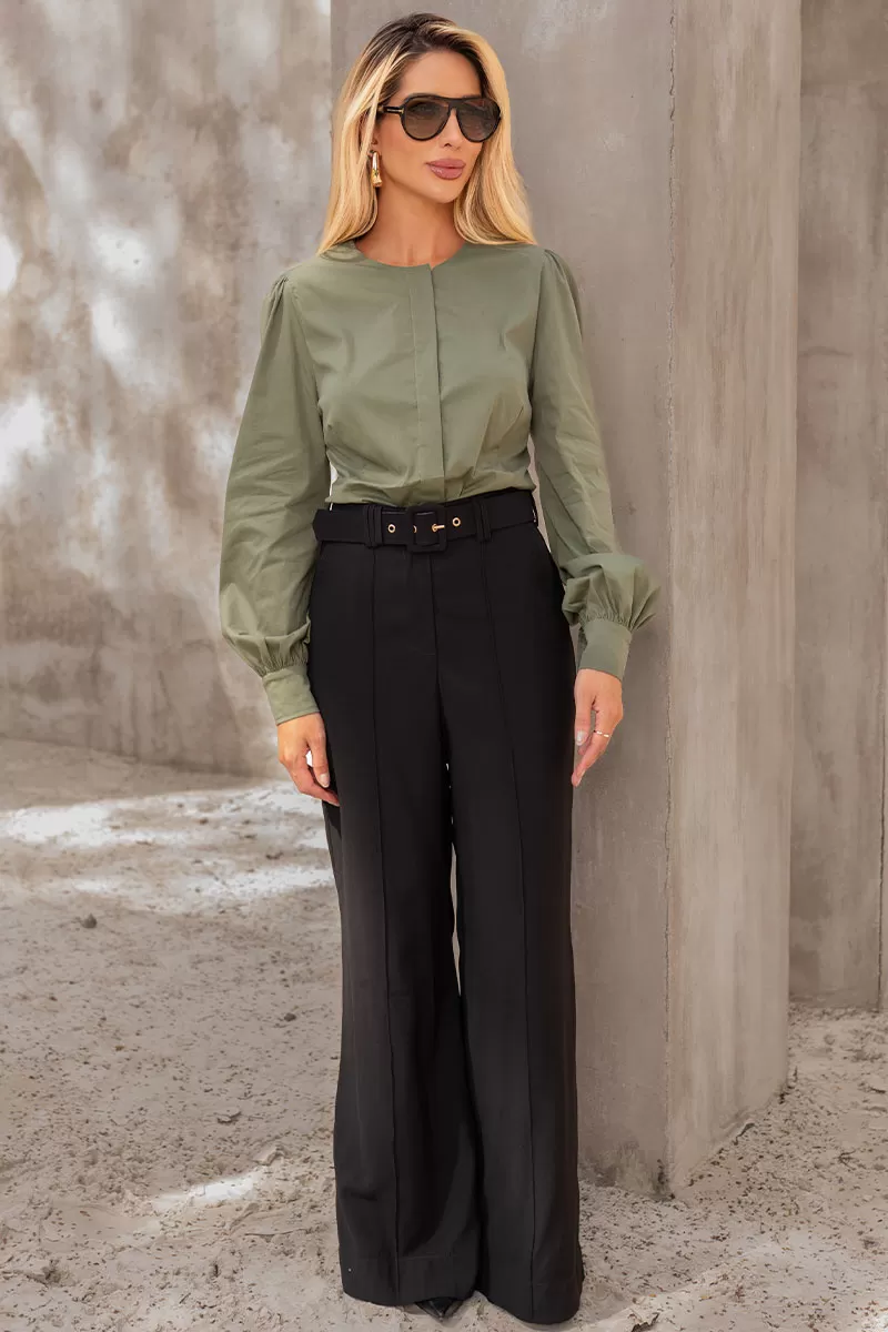 Miss Misses - Alicia Crew Neck Long Sleeve Green Shirt - 54558023