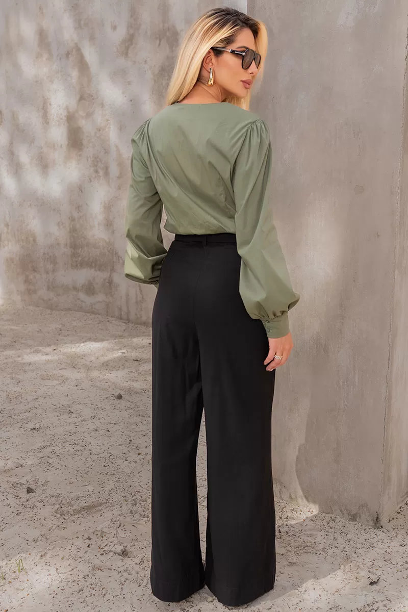 Miss Misses - Alicia Crew Neck Long Sleeve Green Shirt - 54558023