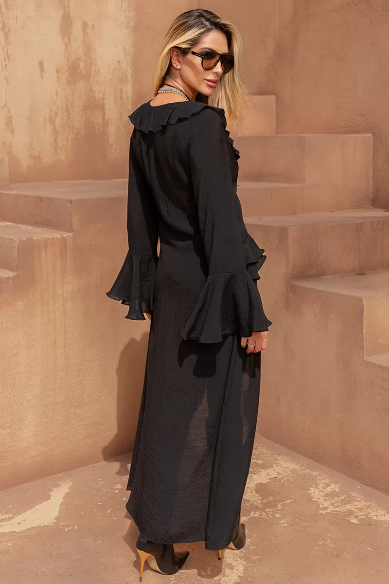 Miss Misses - Black Frill Long Sleeve Shorts Set - 54529001