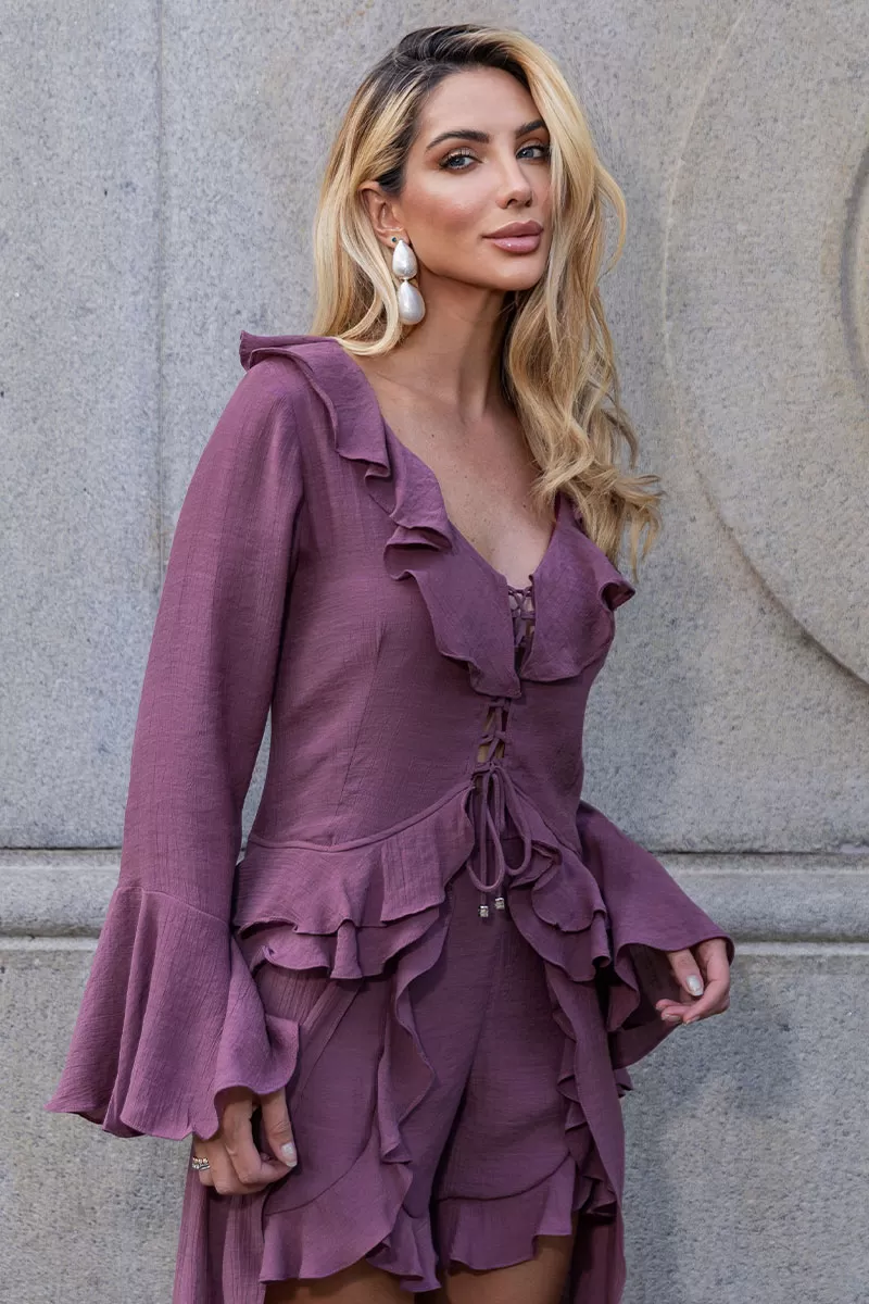 Miss Misses - Conjunto Shorts C/ Babado E Manga Longa Uva - 54529203