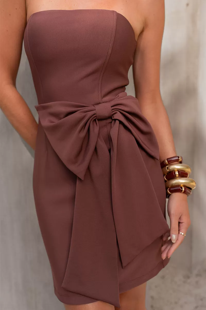 Miss Misses - Manu TQC Dress with Bow and Zipper in Brown - 54573214