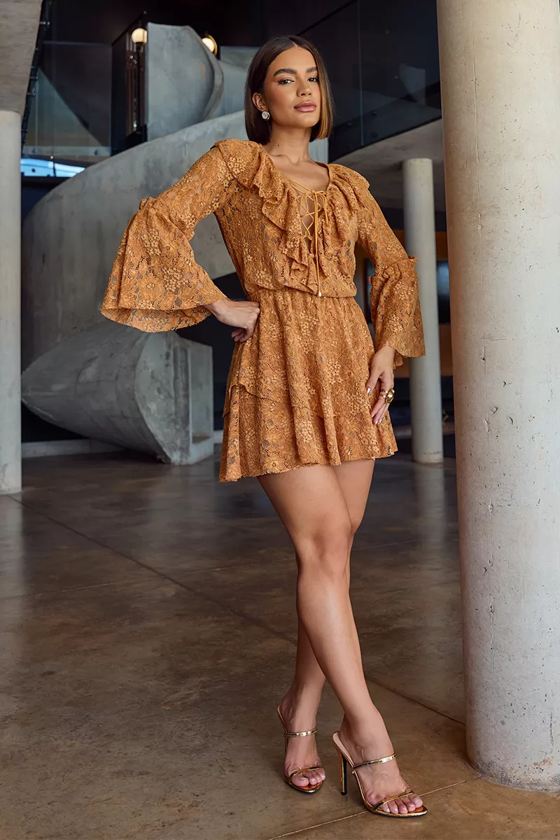 Dot Clothing - Vestido Curto Dot Clothing Rendado Mostarda - 2705AMARELO