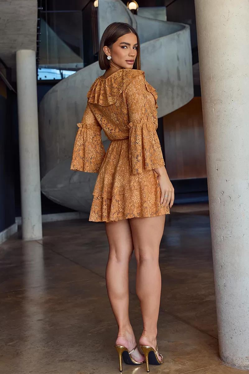 Dot Clothing - Vestido Curto Dot Clothing Rendado Mostarda - 2705AMARELO