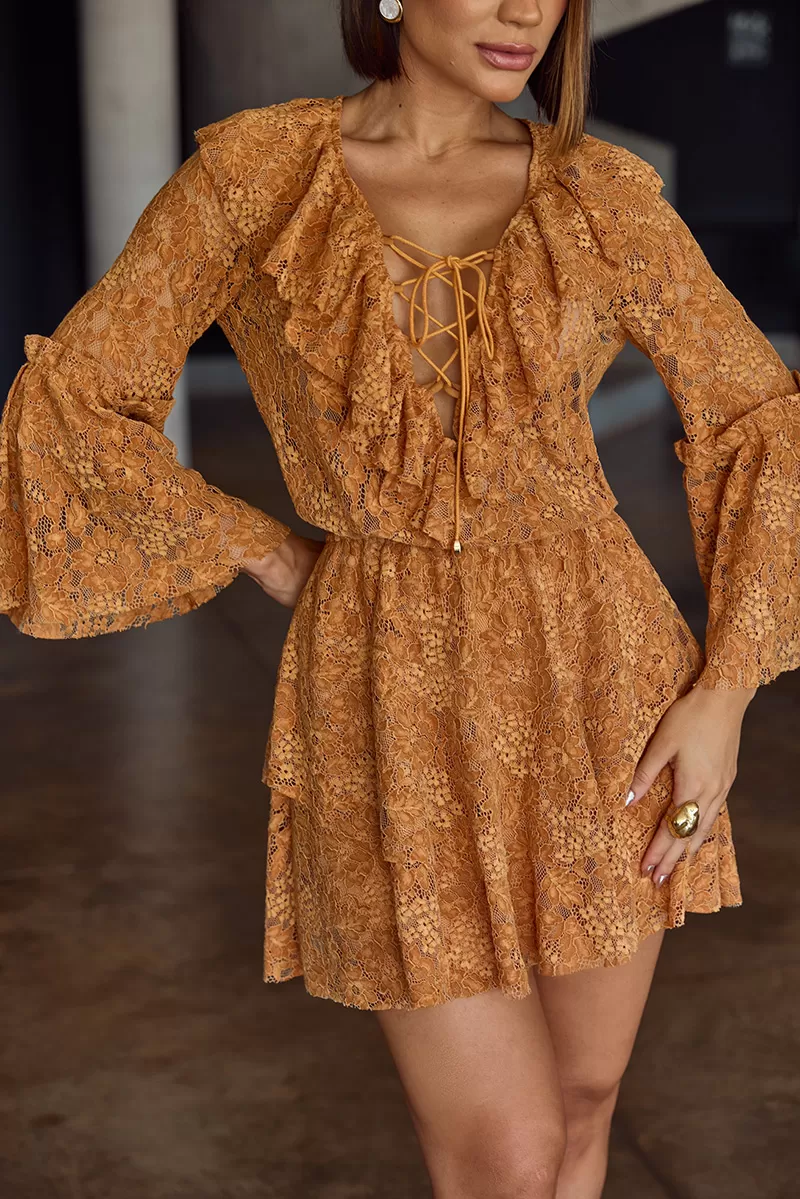 Dot Clothing - Vestido Curto Dot Clothing Rendado Mostarda - 2705AMARELO