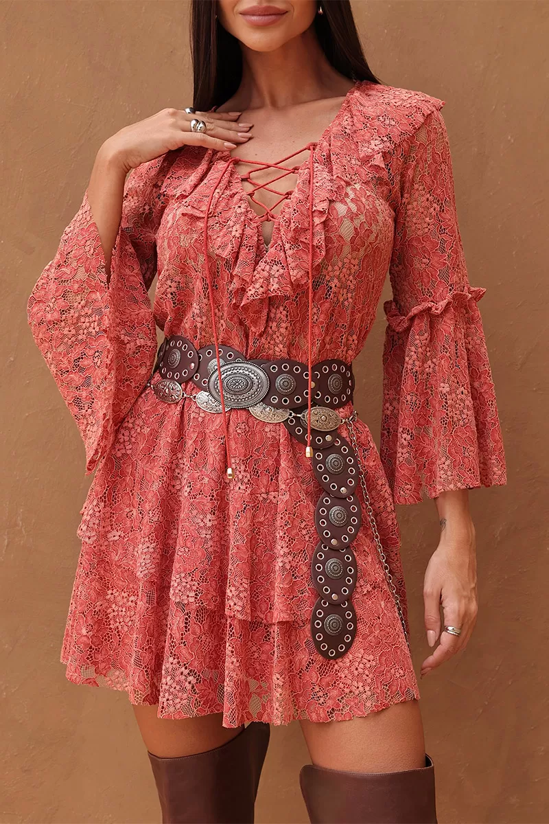 Dot Clothing - Vestido Curto Dot Clothing Rendado Goiaba - 2705ROSA