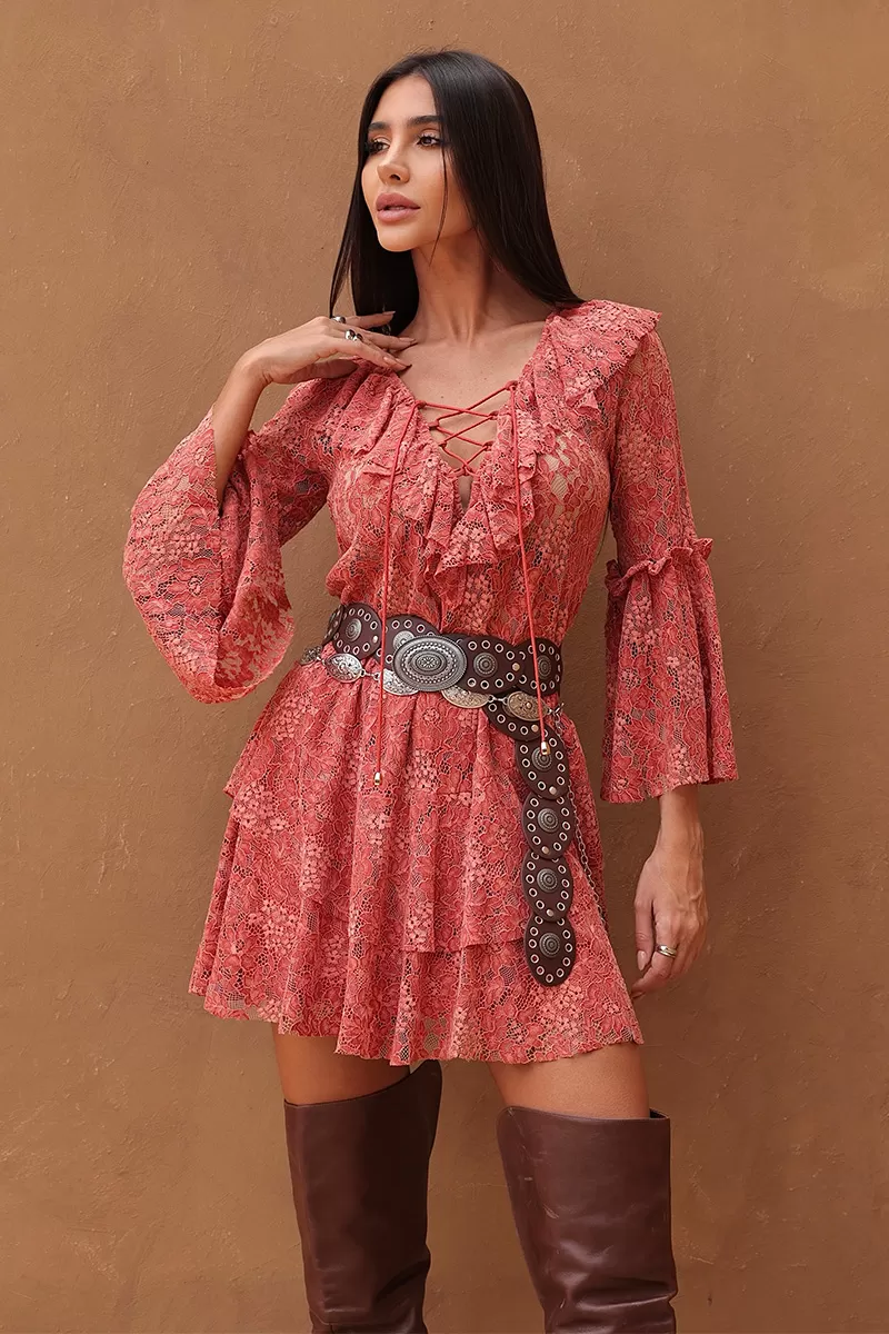 Dot Clothing - Vestido Curto Dot Clothing Rendado Goiaba - 2705ROSA