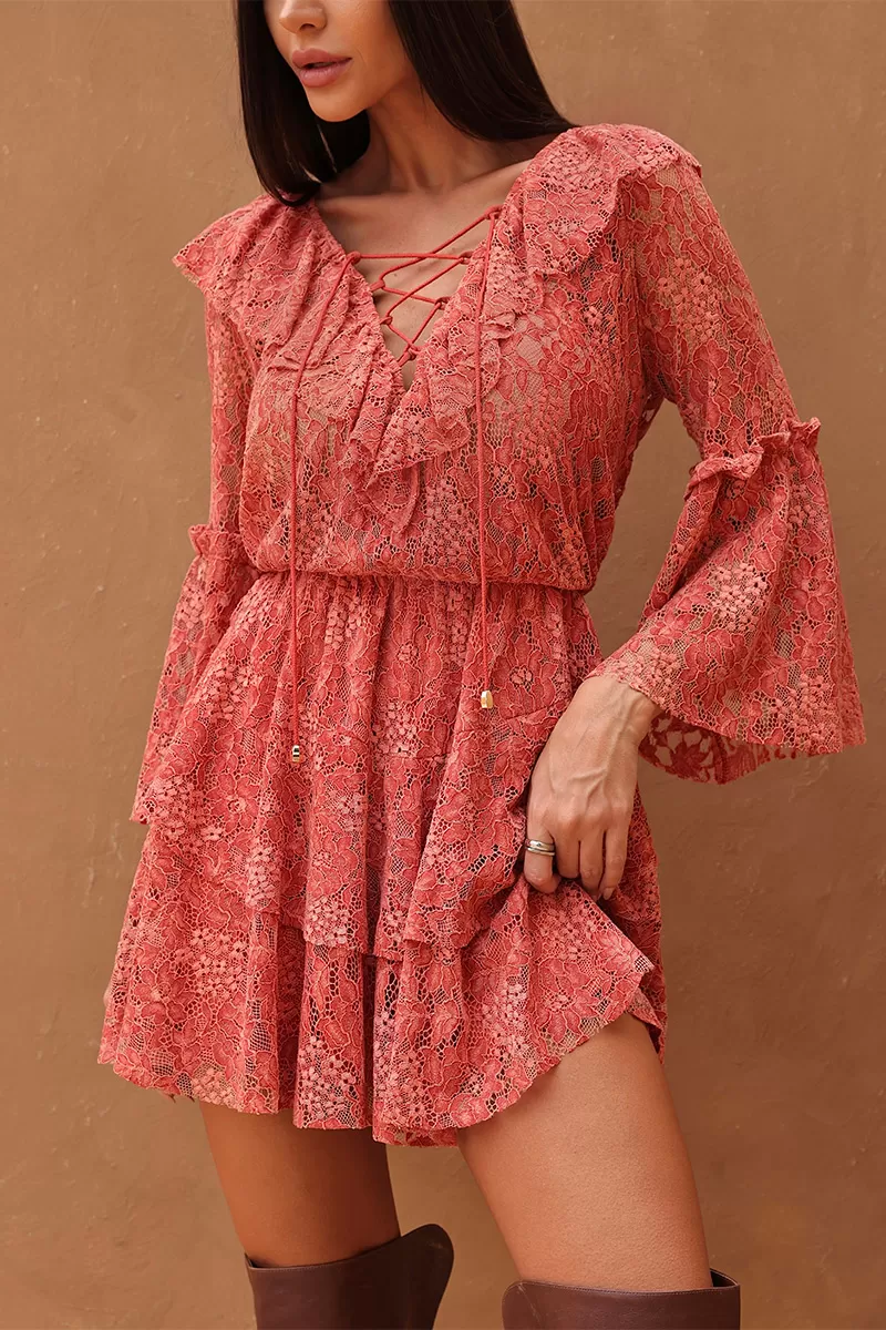 Dot Clothing - Vestido Curto Dot Clothing Rendado Goiaba - 2705ROSA