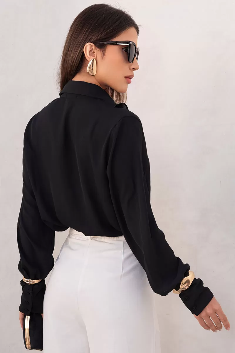 Miss Misses - Blusa Aghata Crepe C/Babado C/Botão Manga Longa Preto - 54560001