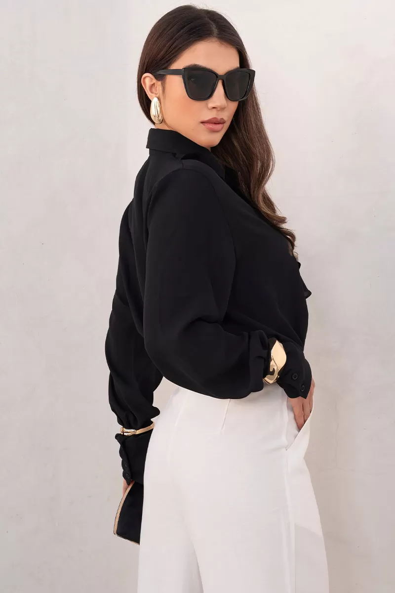 Miss Misses - Blusa Aghata Crepe C/Babado C/Botão Manga Longa Preto - 54560001