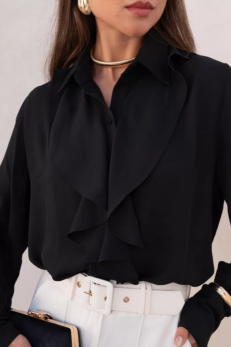 Miss Misses - Blusa Aghata Crepe C/Babado C/Botão Manga Longa Preto - 54560001