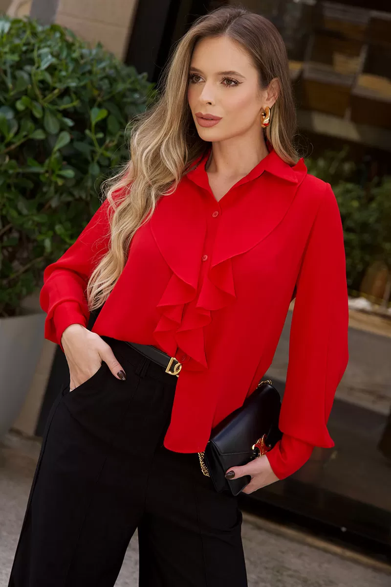 Miss Misses - Aghata Crepe Shirt with Frill and Button Long Sleeve Red - 54560024