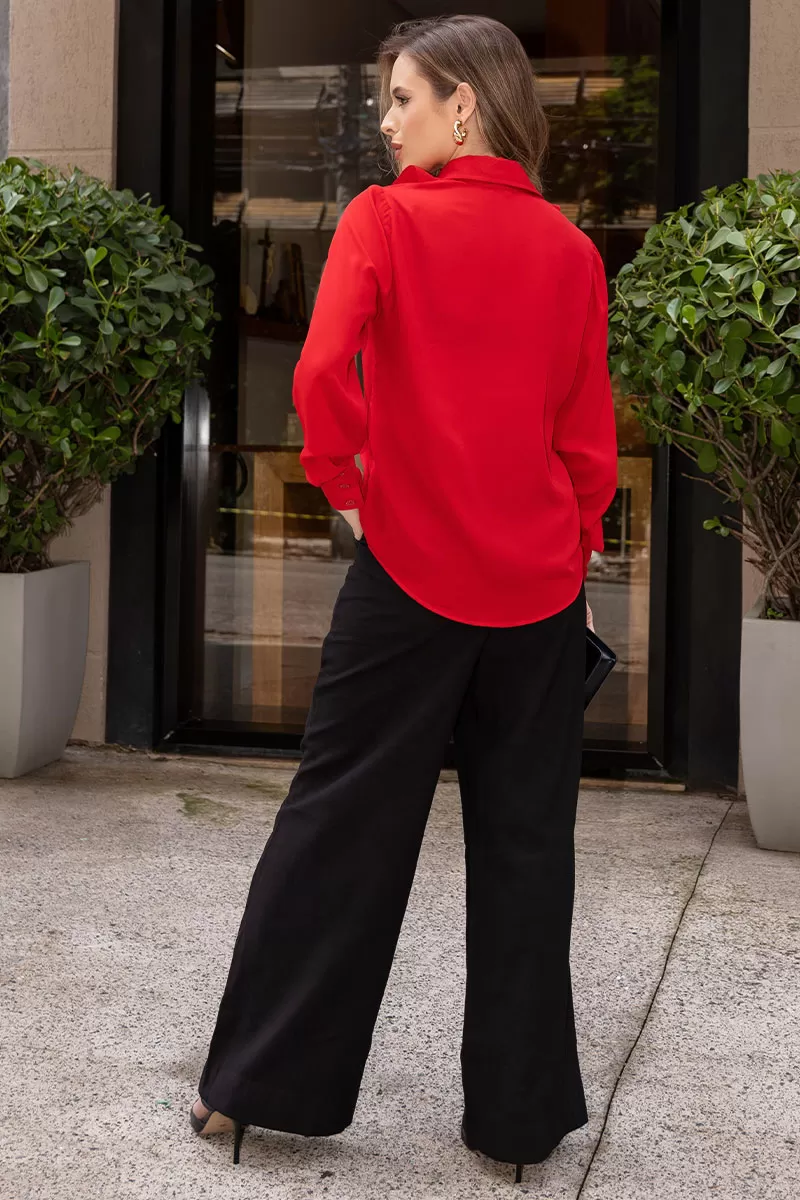 Miss Misses - Aghata Crepe Shirt with Frill and Button Long Sleeve Red - 54560024