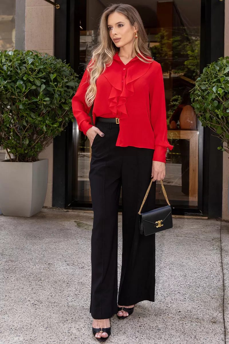 Miss Misses - Aghata Crepe Shirt with Frill and Button Long Sleeve Red - 54560024