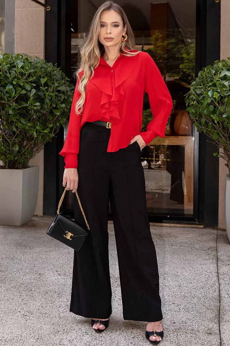 Miss Misses - Aghata Crepe Shirt with Frill and Button Long Sleeve Red - 54560024