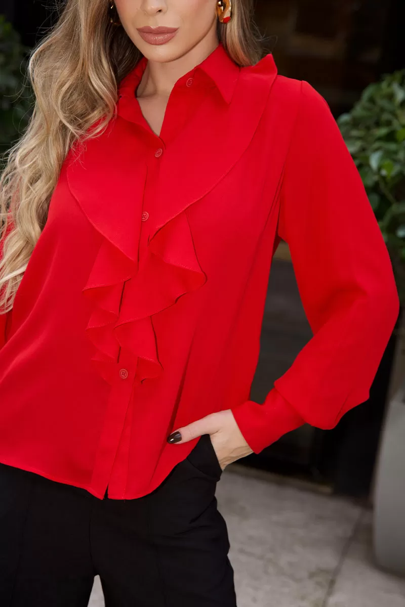 Miss Misses - Aghata Crepe Shirt with Frill and Button Long Sleeve Red - 54560024
