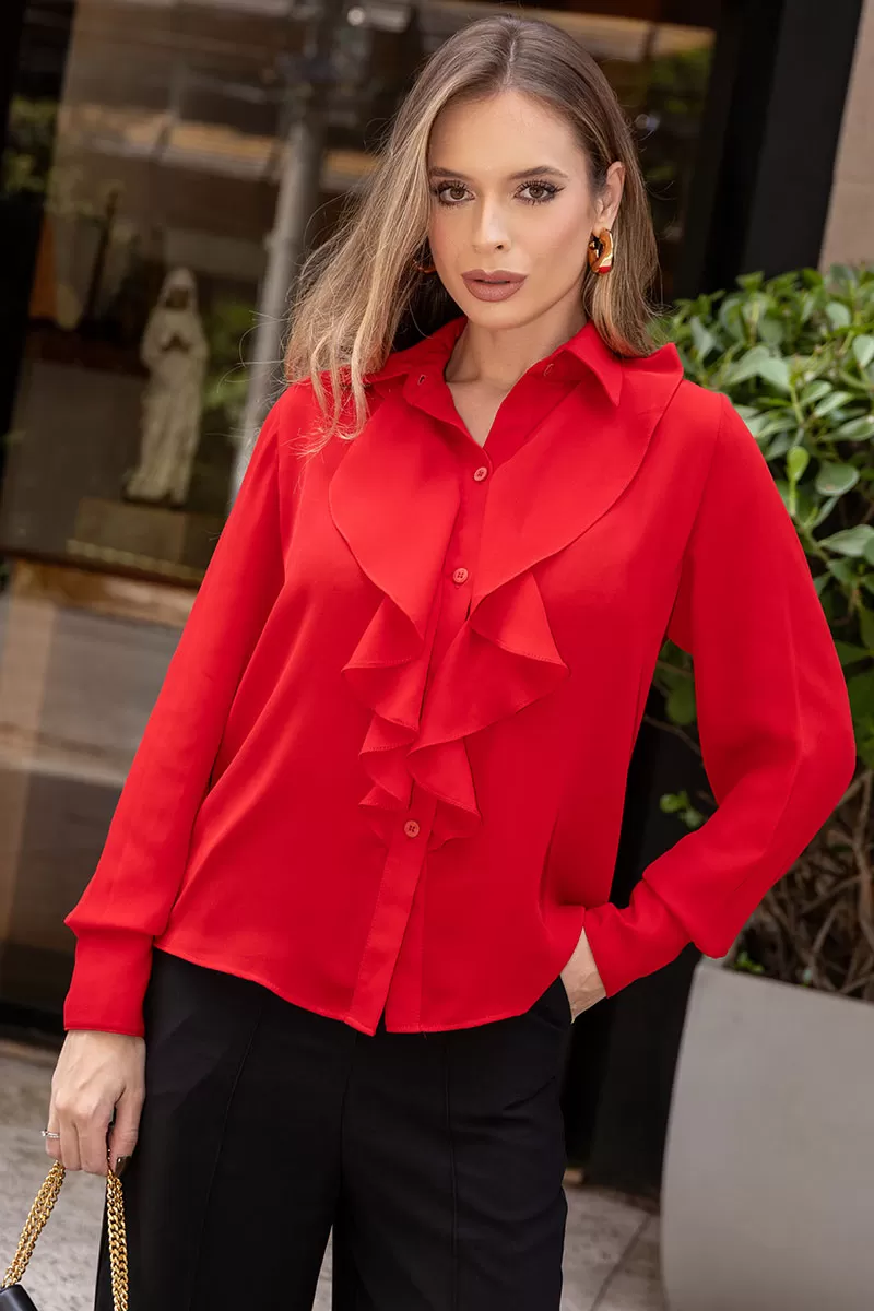 Miss Misses - Aghata Crepe Shirt with Frill and Button Long Sleeve Red - 54560024