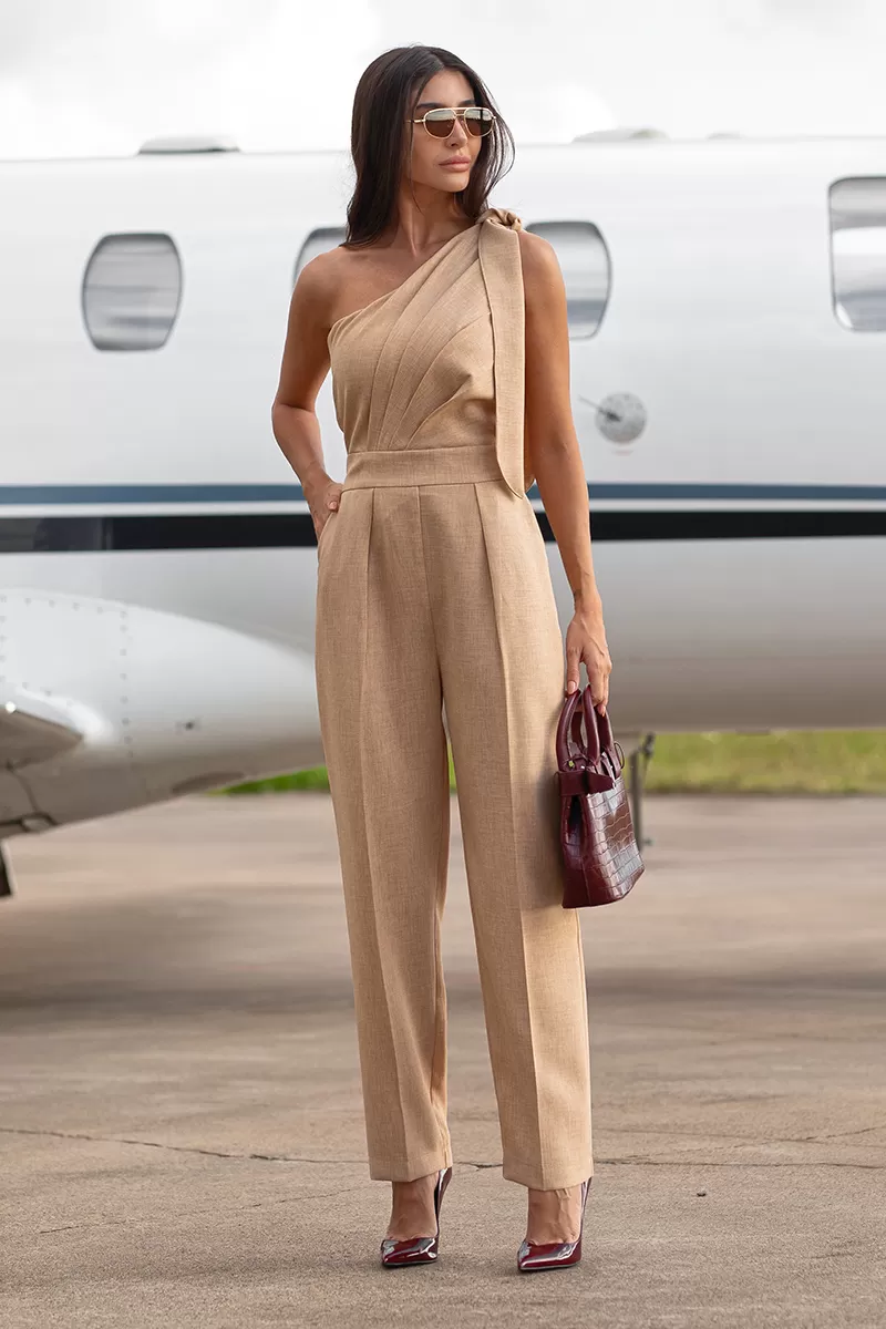 Dot Clothing - Dot Clothing One Shoulder Beige Jumpsuit - 2743BEGE