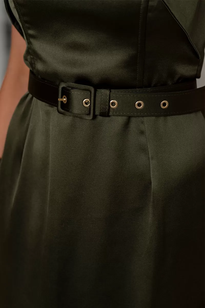 Miss Misses - Pieta Midi Satin Dress with Green Belt - 54579023