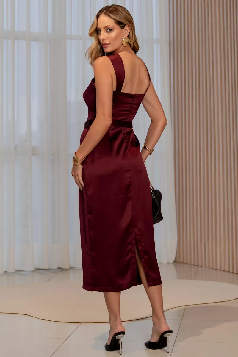 Miss Misses - Vestido Pietra Midi Cetim C/Cinto Vinho - 54579006