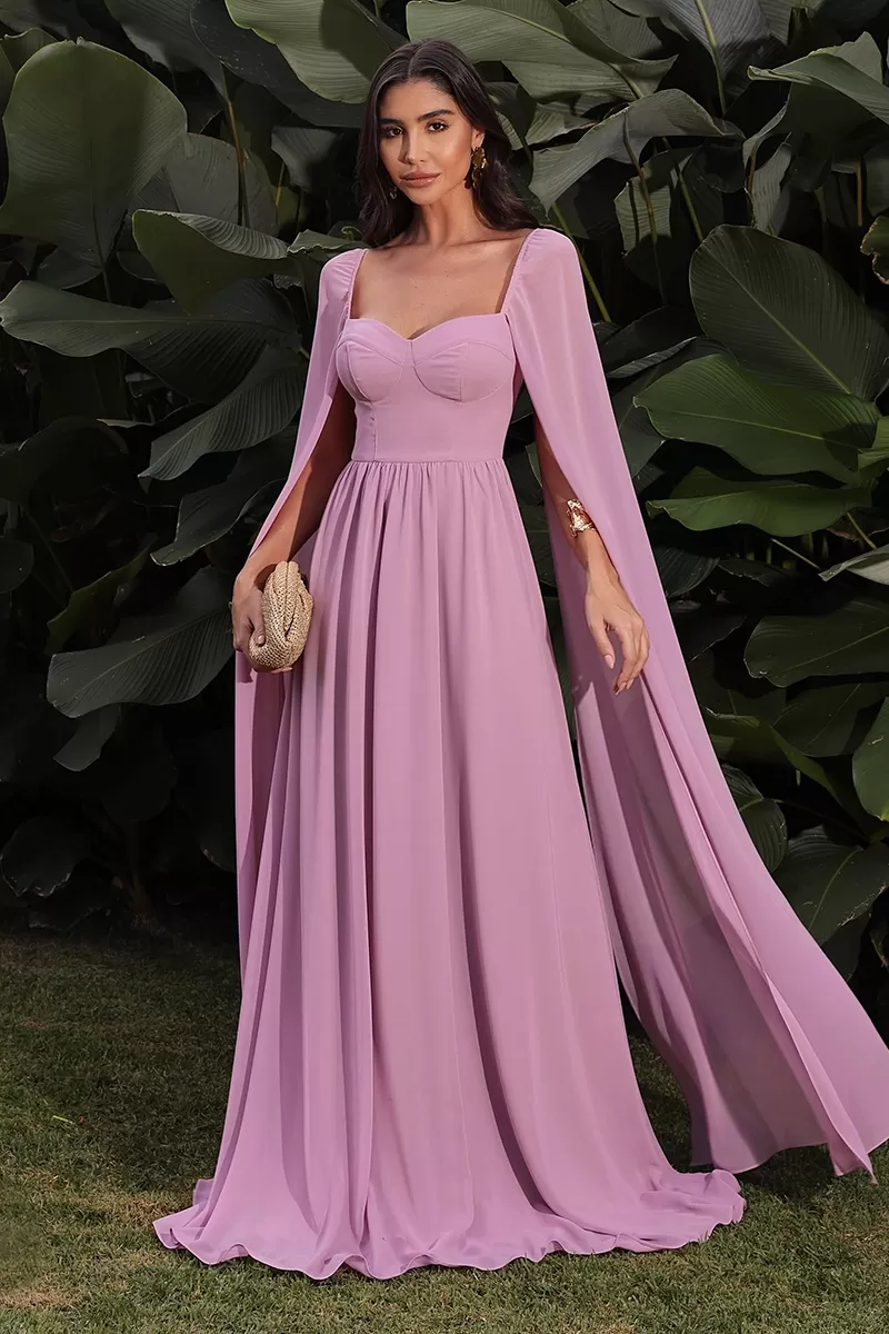 Dot Clothing - Long Dress Dot Clothing Pink Cape Sleeve - 2046ROSA