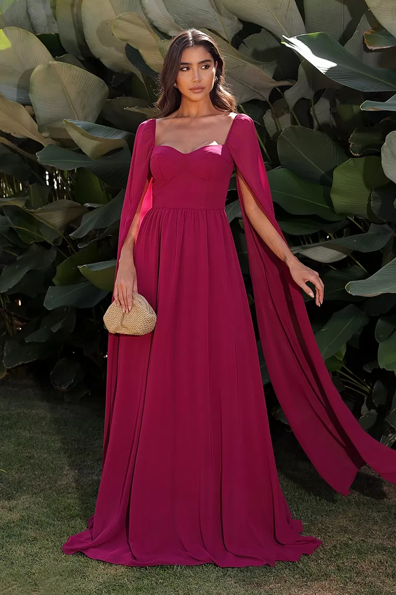 Dot Clothing - Dot Clothing Long Dress Cherry Cape Sleeve - 2046CEREJA