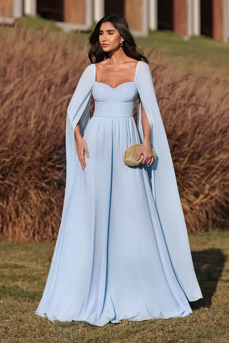 Dot Clothing - Dot Clothing Long Dress Light Blue Cape Sleeve - 2046AZULCL