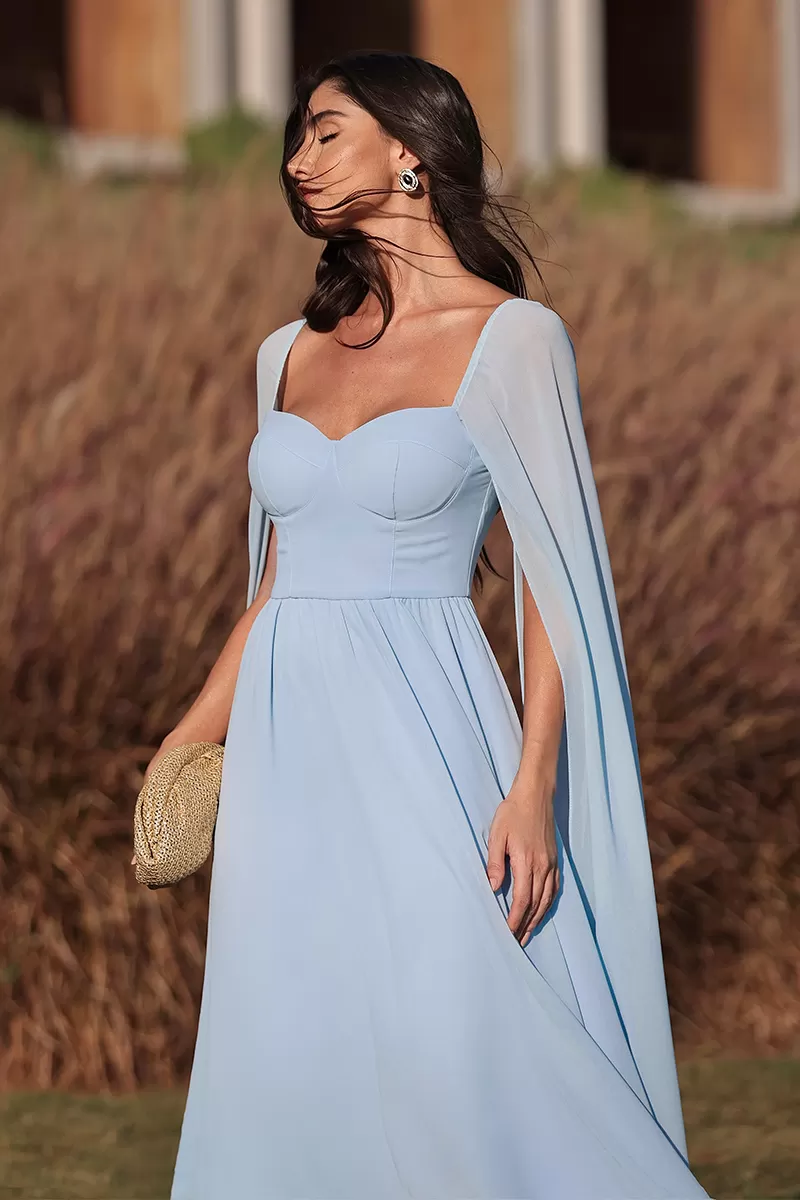 Dot Clothing - Vestido Longo Dot Clothing Manga Capa Azul Claro - 2046AZULCL