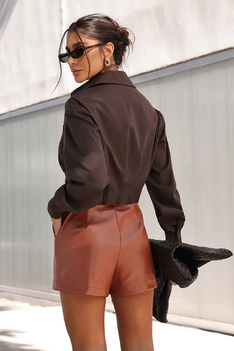 Dot Clothing - Cropped Dot Clothing Draped Cafe Shirt - 2736MARROM