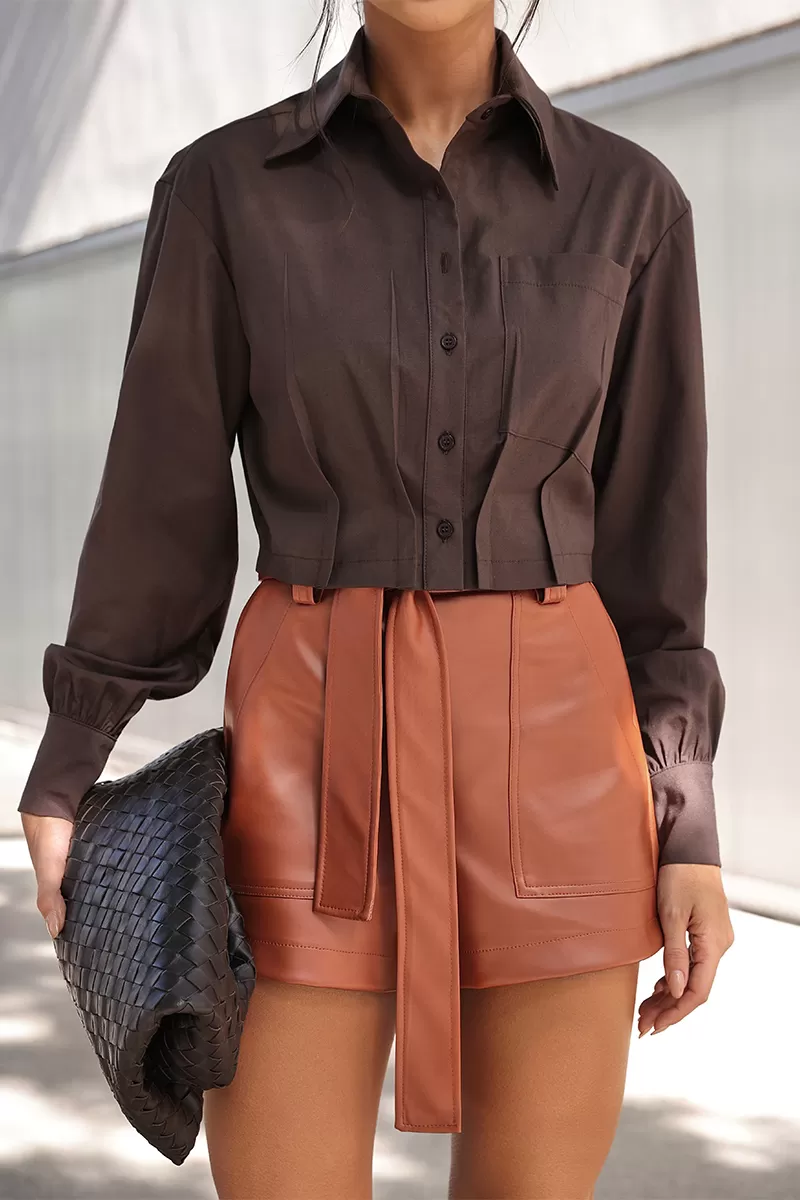 Dot Clothing - Cropped Dot Clothing Draped Cafe Shirt - 2736MARROM