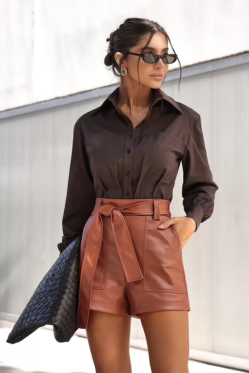 Dot Clothing - Cropped Dot Clothing Draped Cafe Shirt - 2736MARROM