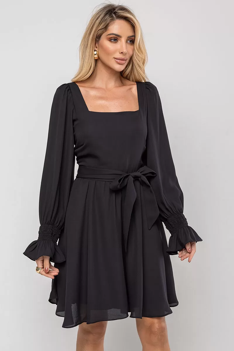 Miss Misses - Hortensia Short Crepe Long Sleeve Dress with Black Belt - 54570001