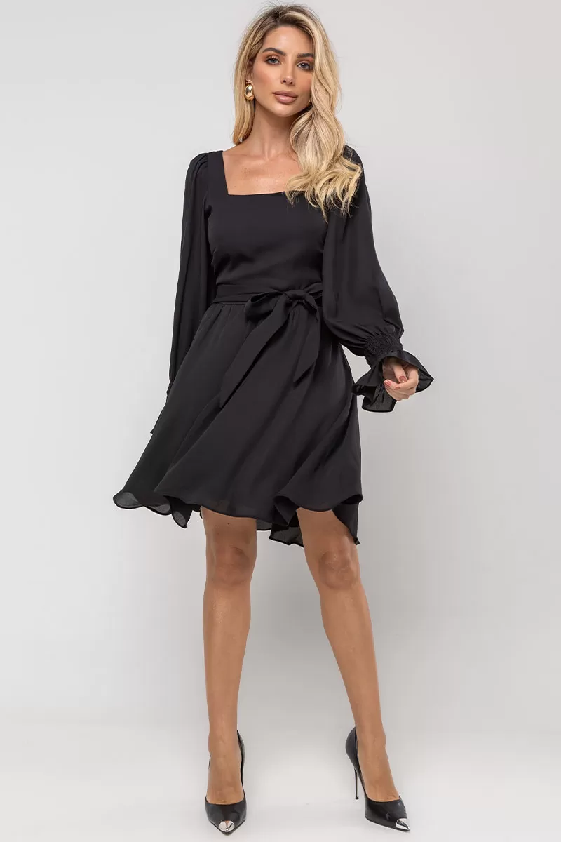 Miss Misses - Hortensia Short Crepe Long Sleeve Dress with Black Belt - 54570001