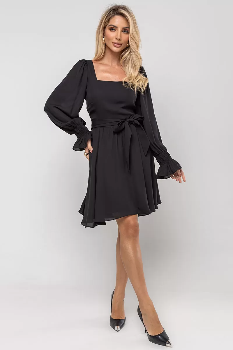 Miss Misses - Hortensia Short Crepe Long Sleeve Dress with Black Belt - 54570001