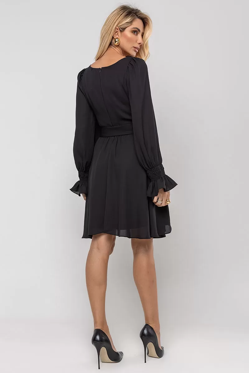 Miss Misses - Hortensia Short Crepe Long Sleeve Dress with Black Belt - 54570001