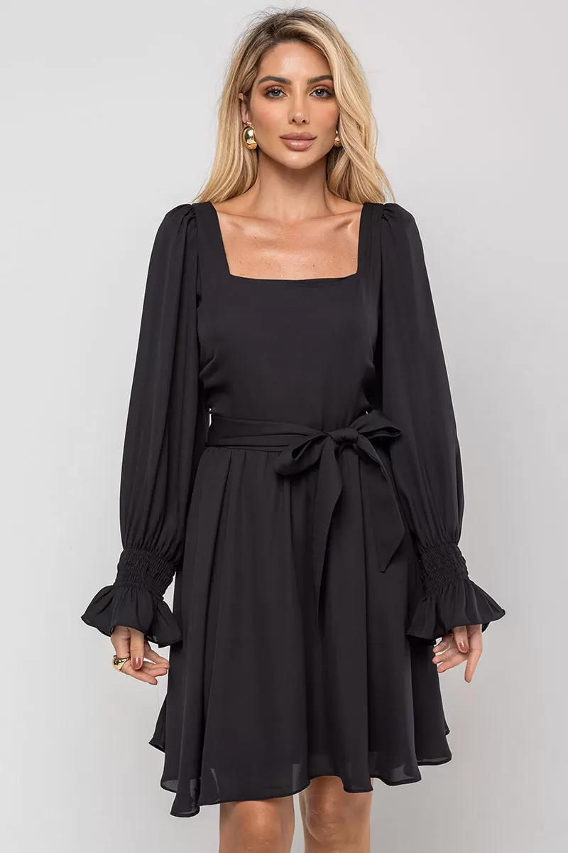 Miss Misses - Hortensia Short Crepe Long Sleeve Dress with Black Belt - 54570001