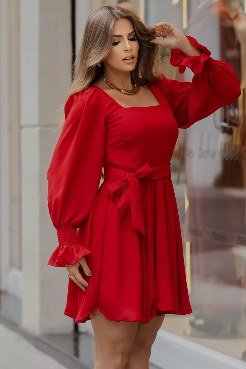 Miss Misses - Hortensia Short Crepe Long Sleeve Dress with Red Belt - 54570024