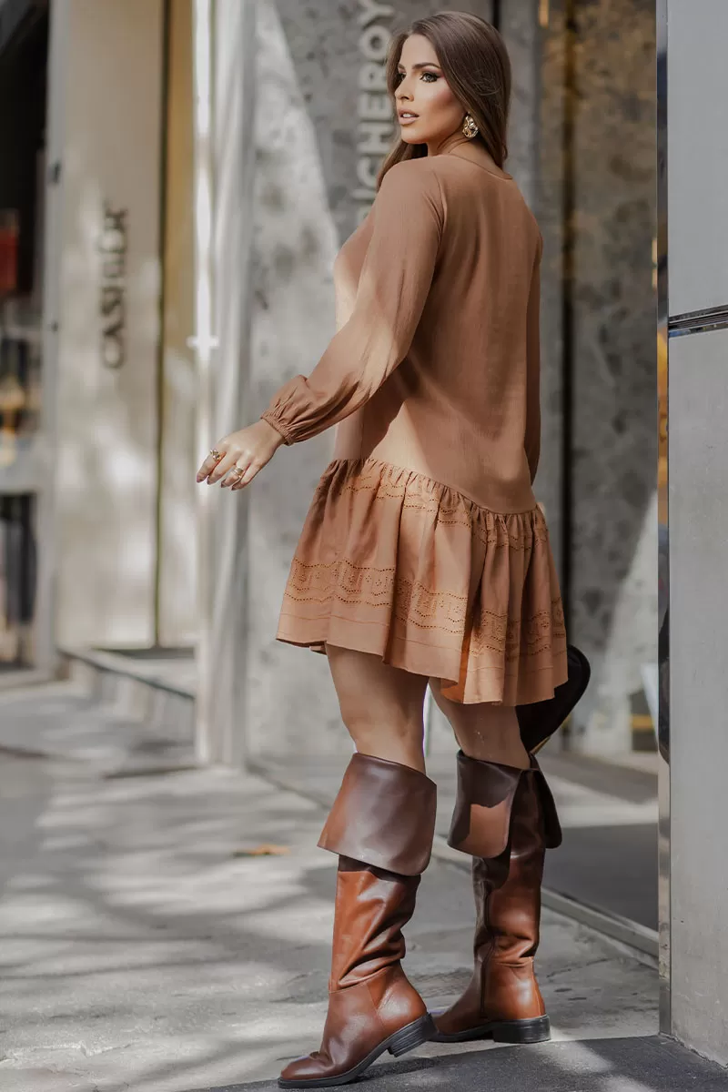 Miss Misses - Eloa Long Sleeve Frill Needlework Dress Caramelo - 54588134