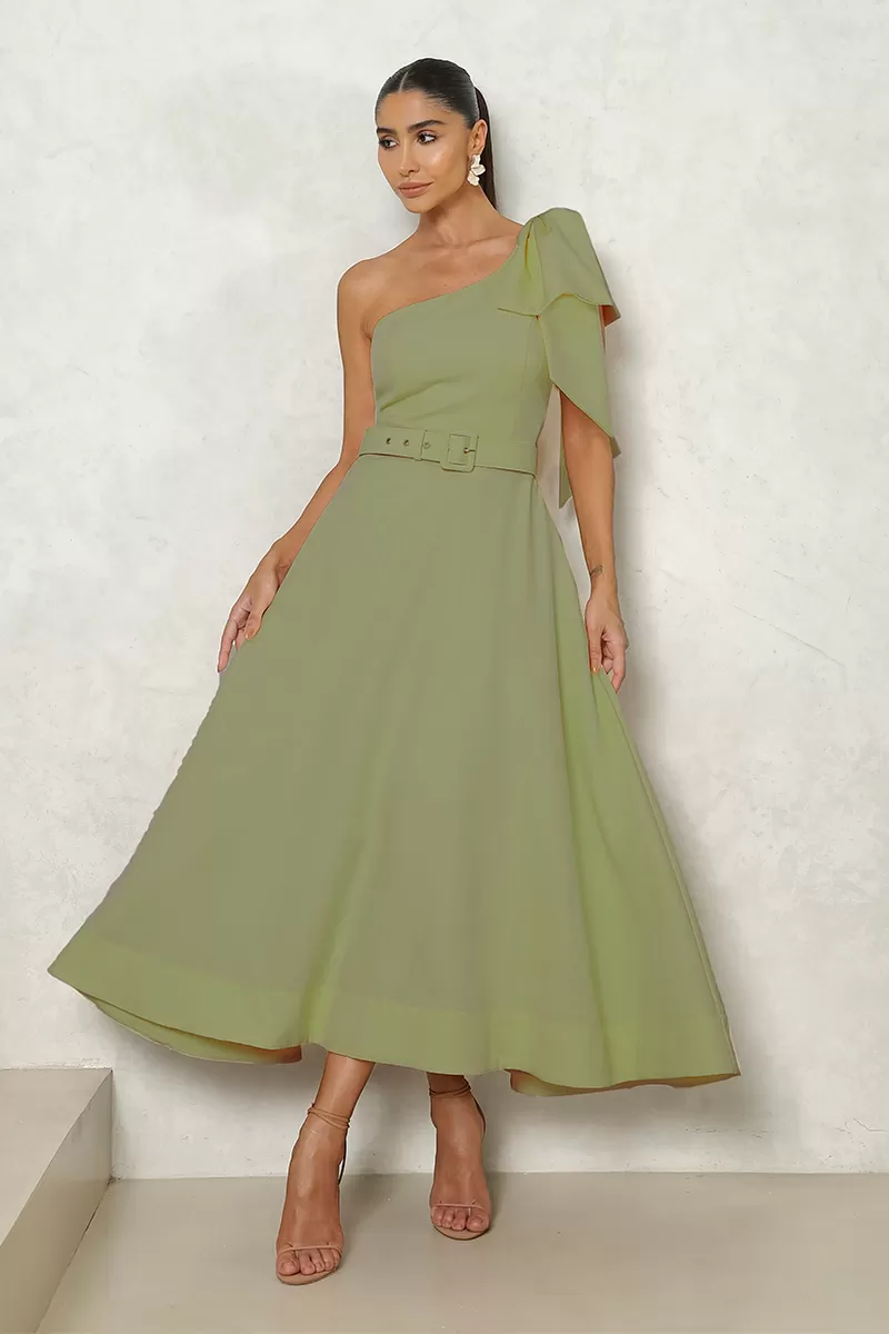 Miss Misses - Vestido Julia Um Ombro Só com Laço E C/ Cinto Verde - 54384VERDE