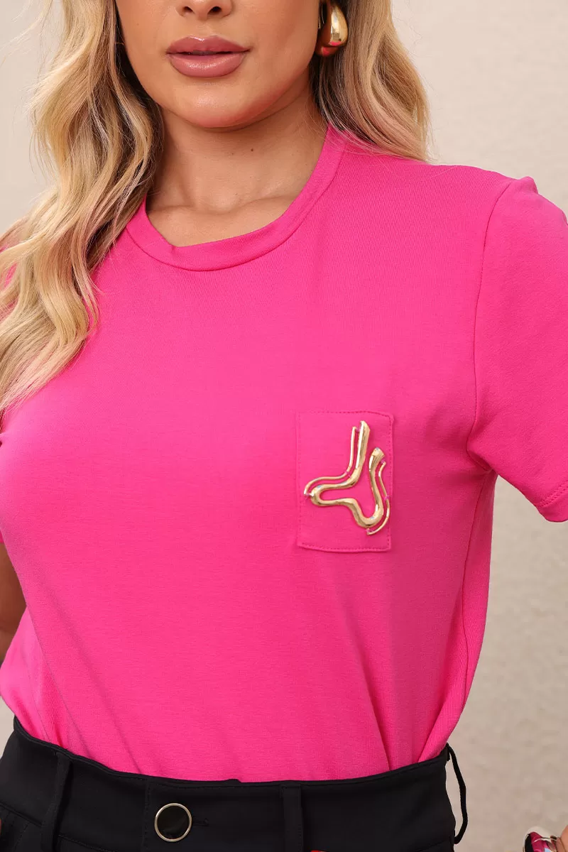 Miss Misses - Tamires Short Sleeve Shirt with Pink Metal Detail - 54600054