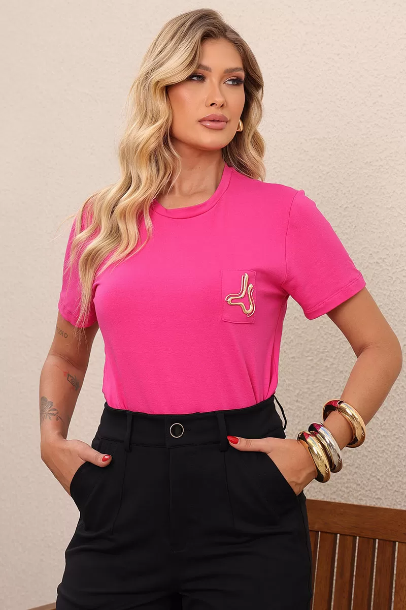 Miss Misses - Tamires Short Sleeve Shirt with Pink Metal Detail - 54600054