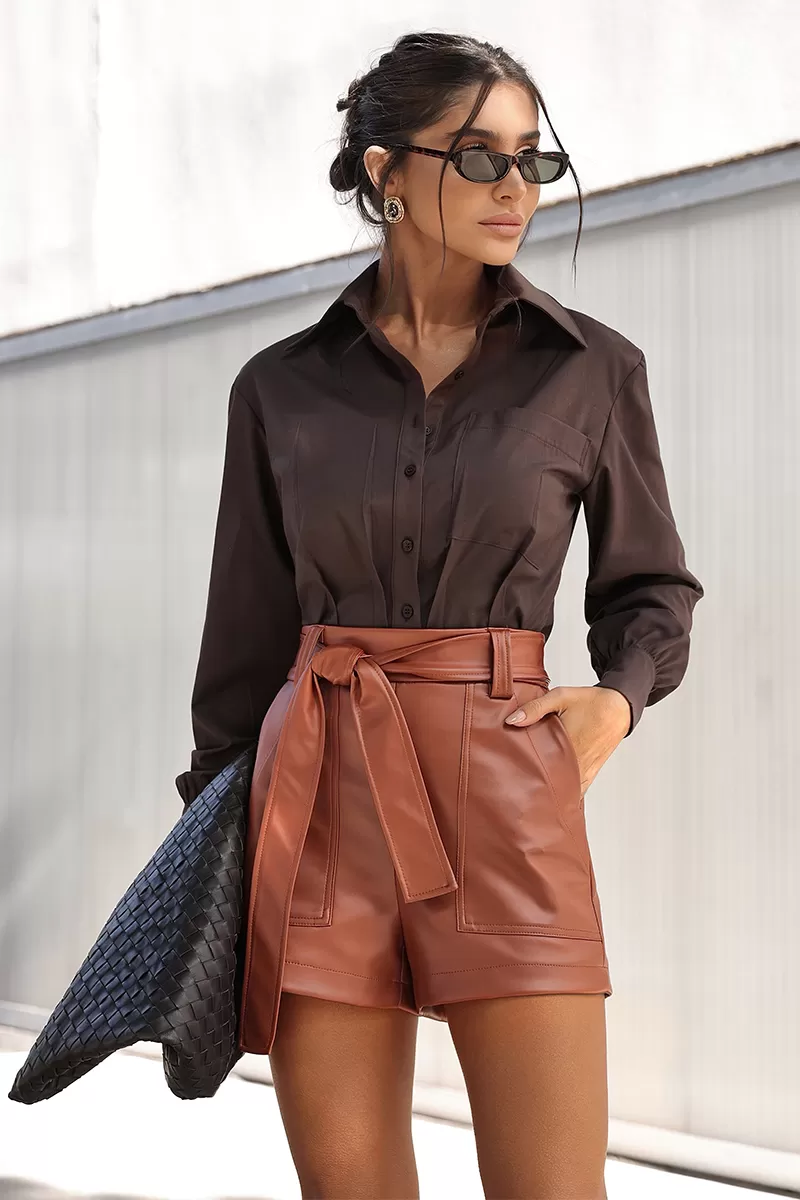 Dot Clothing - Shorts Dot Clothing Courino Com Laço Marrom - 2746MARROM