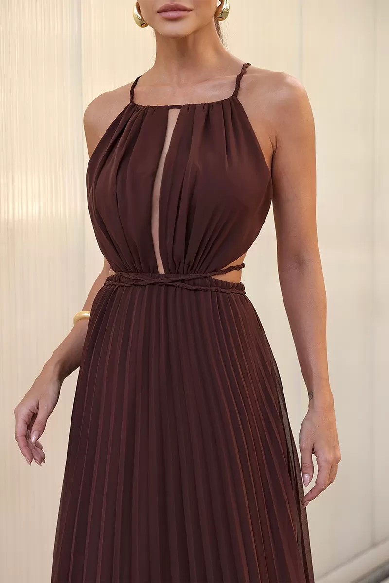 Dot Clothing - Vestido Longo Dot Clothing Saia Plissada Marrom - 2753MARROM