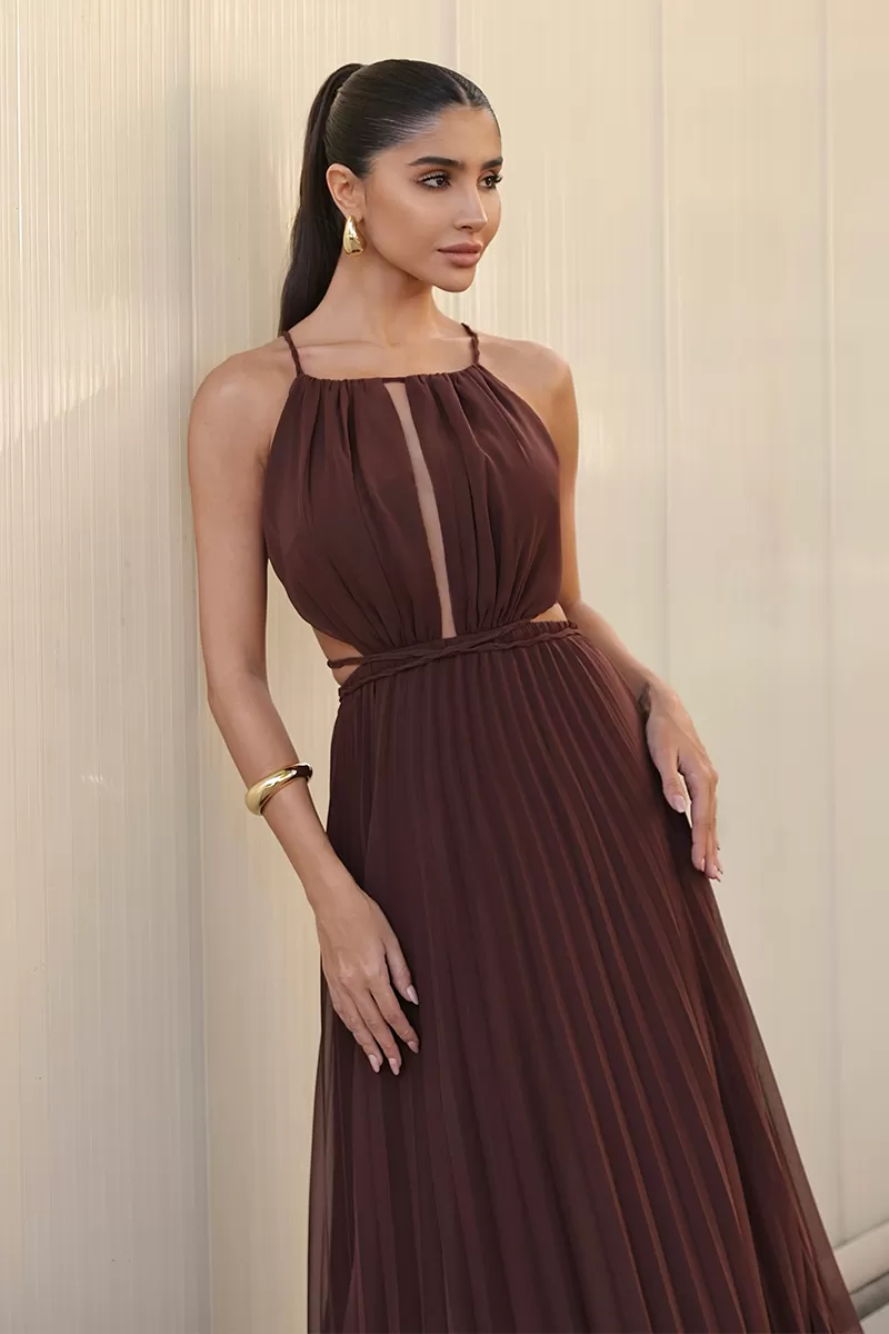 Dot Clothing - Vestido Longo Dot Clothing Saia Plissada Marrom - 2753MARROM