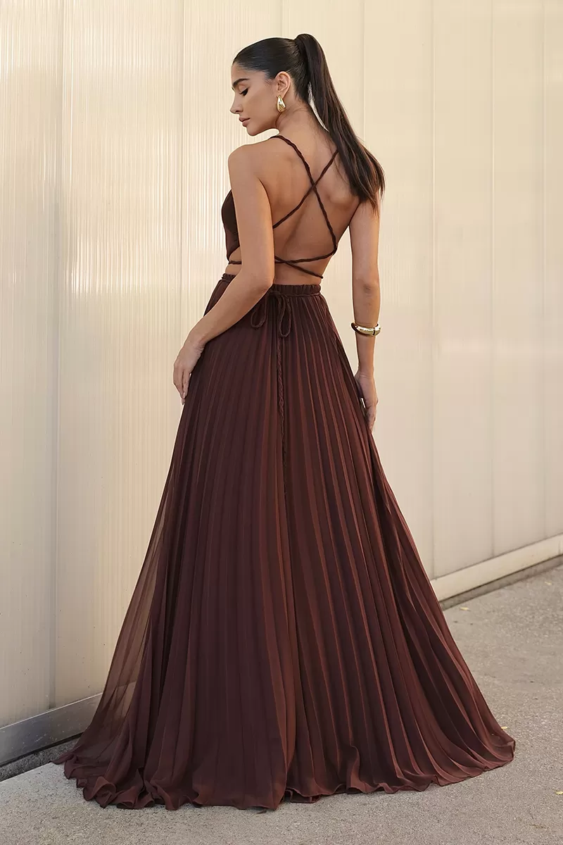 Dot Clothing - Vestido Longo Dot Clothing Saia Plissada Marrom - 2753MARROM