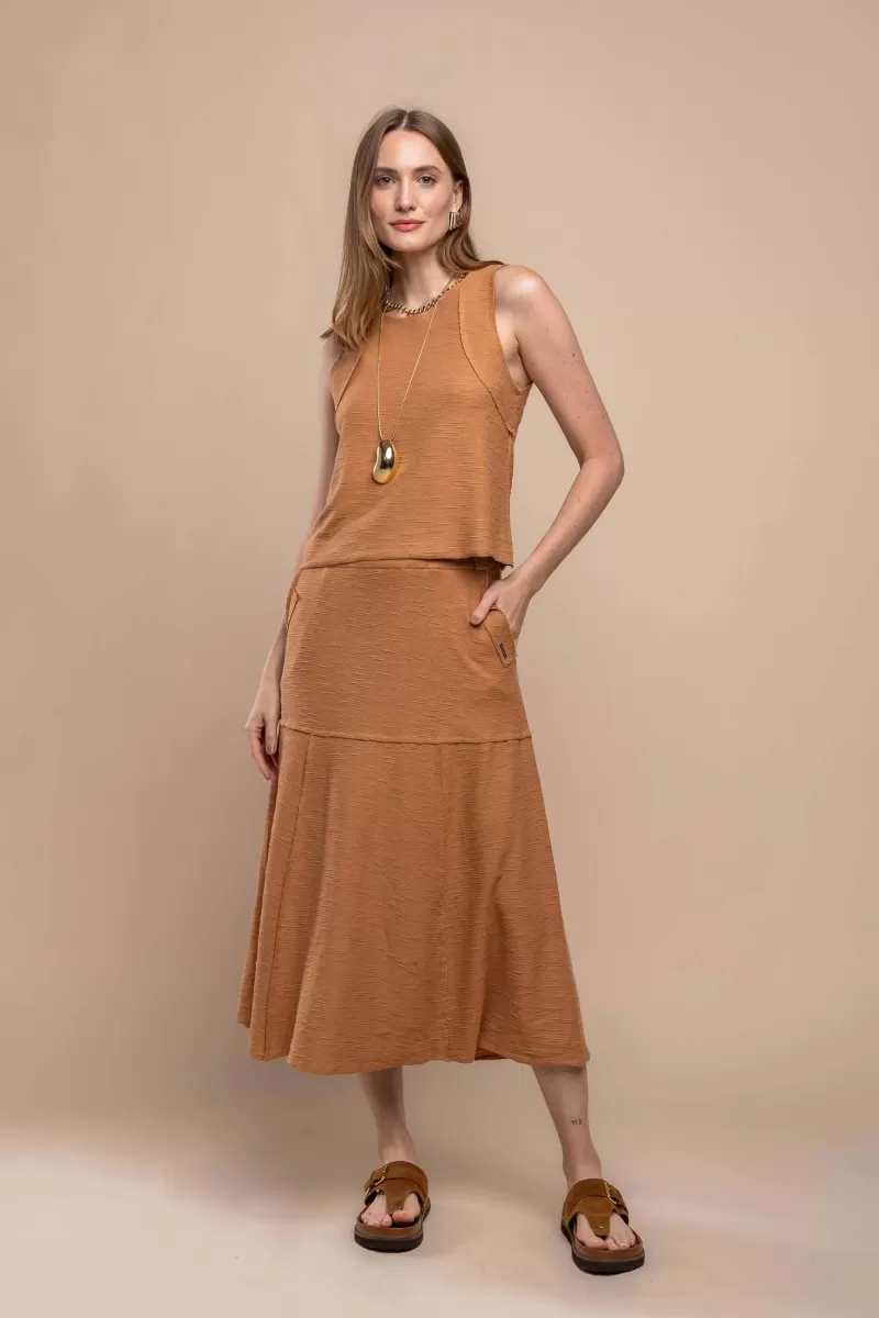 Hidrogênio - SAIA MOLETOM EVASE MIDI A FIO CAMELO - 19805039