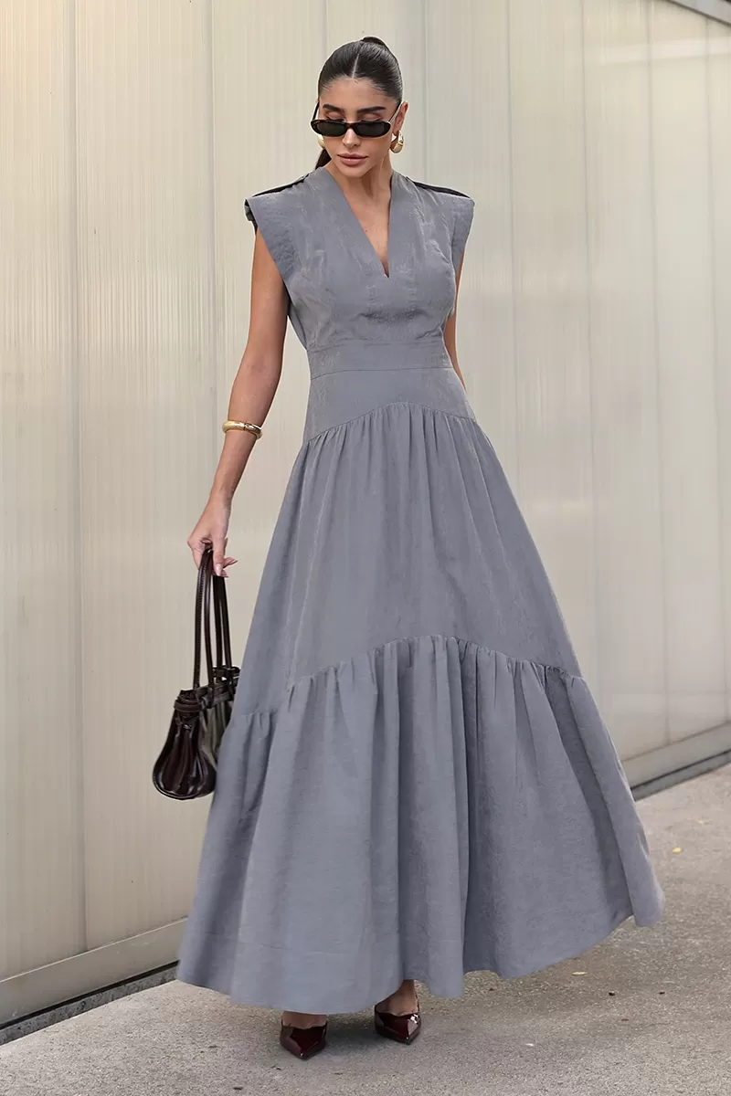 Dot Clothing - Vestido Longo Dot Clothing Pesponto Cinza - 2731CINZA